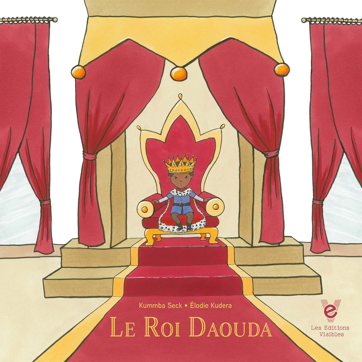 Première de couverture de l'album jeunesse "Le Roi Daouda" - on voit le roi, le visage fermé, assis dans son trône trop grand pour lui. La couleur rouge domine