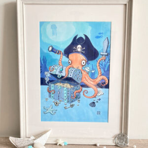 illustration d'un poulpe pirate avec son trésor rempli de pièce d'or et ses amis crabe et hippocampe