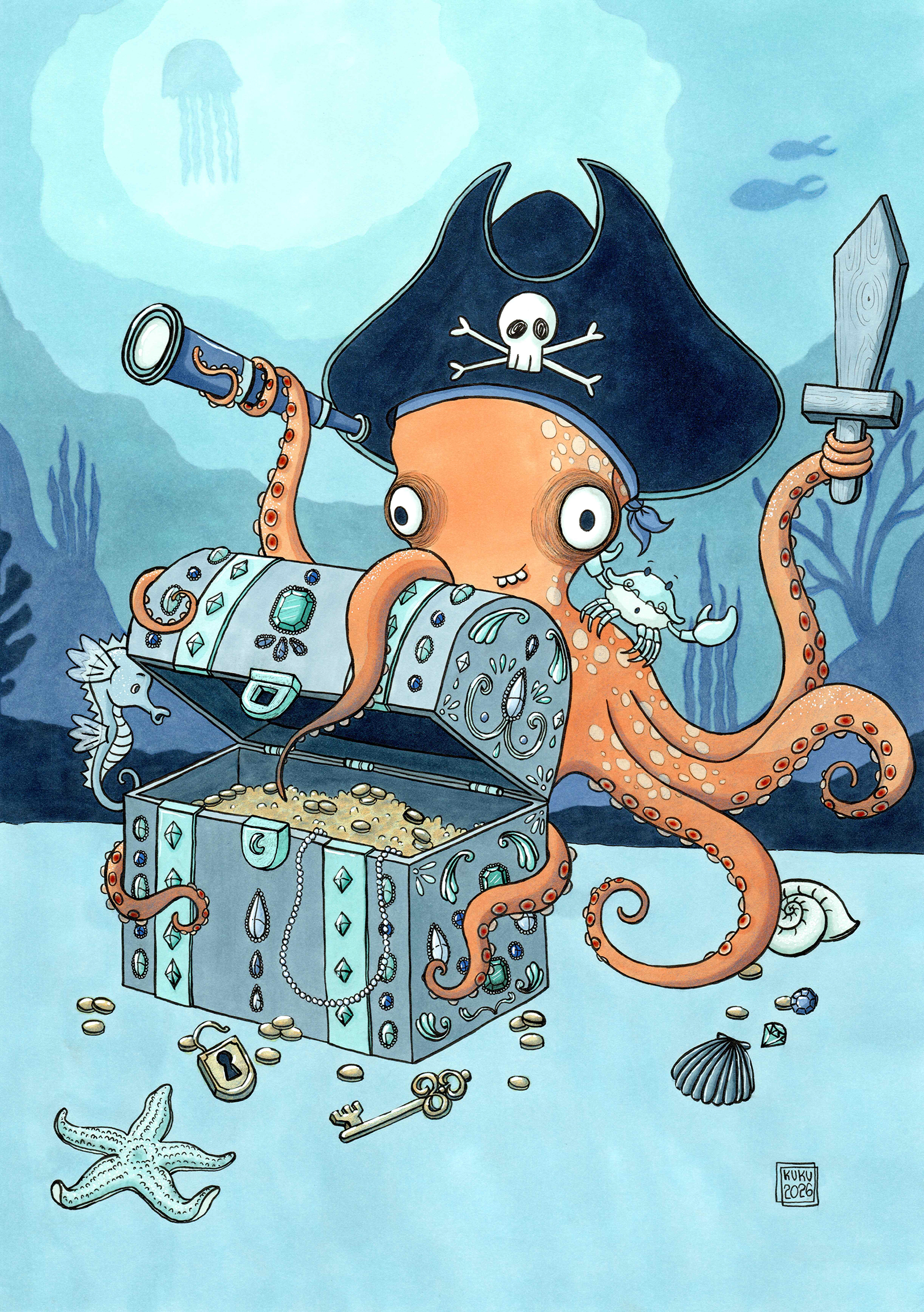 illustration d'un poulpe pirate avec son trésor rempli de pièce d'or et ses amis crabe et hippocampe
