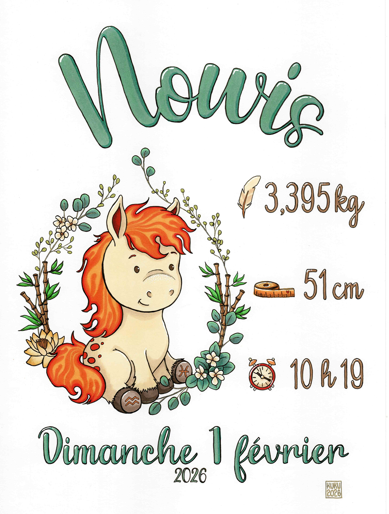 Tableau de naissance pour un petit garçon avec l'illustration d'un petit cheval beige à la crinière et la queue en flammes