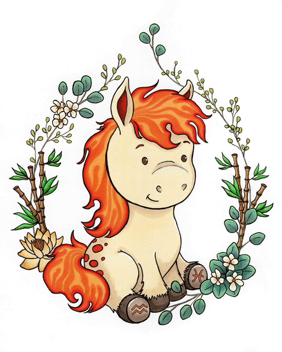 Illustration d'un petit cheval beige à la crinière et la queue en flammes