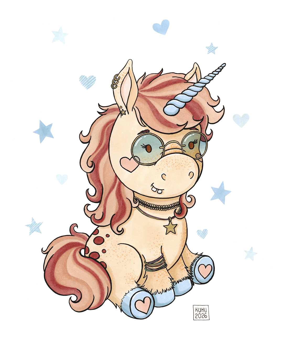 illustration d'une licorne portant des lunettes teintées et des piercing et bijoux
