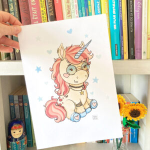 illustration d'une licorne portant des lunettes teintées et des piercing et bijoux