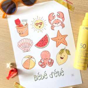 Tableau décoratif pour chambre d'enfant sur le thème de l'été avec neufs dessins d'éléments réprésentant cette saison : jouet de plage, soleil, crabe, coquillage, pastèque, étoile de mer, ballon de plage, pieuvre, citron