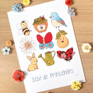 Tableau décoratif pour chambre d'enfant sur le thème du printemps avec neufs dessins d'éléments réprésentant cette saison : abeille, pot de miel, moineau, marguerite, papillon, poire, lapin, arrosoir, coccinelle