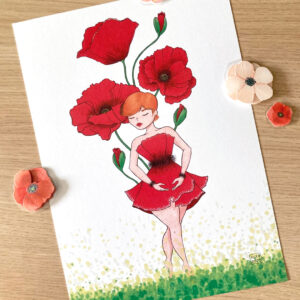 illustration d'une femme rousse aux yeux fermés portant une robe en pétales de coquelicots et dansant devant des coquelicots géants