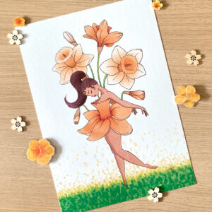 illustration d'une femme métisse aux yeux fermés portant une robe en pétales de jonquilles et dansant devant des jonquilles géants