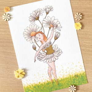 illustration d'une femme blonde aux yeux bleus portant une robe en pétales de marguerites et dansant devant des marguerites géantes