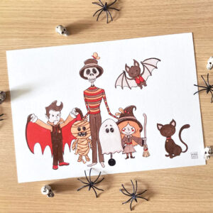 illustration d'halloween réprensentant un vampire, une momie, un squelette habillé, un fantôme, une sorcière, une chauve-souris et un chat noir