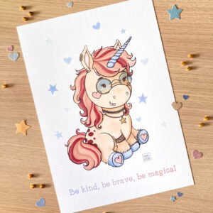 illustration d'une licorne portant des lunettes teintées et des piercing et bijoux