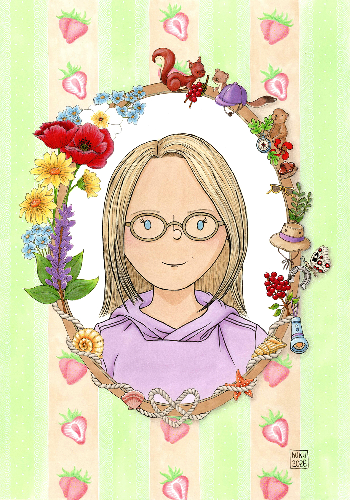 portrait illustré d'une fillette blonde au yeux bleux avec des lunettes dorées dans un cadre doré sur un fond à rayures beige et vert clair avec des fraises et entourée d'une couronne végétaledorées dans un cadre doré sur un fond à rayures beige et vert clair avec des fraises