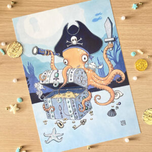 illustration d'un poulpe pirate avec son trésor rempli de pièce d'or et ses amis crabe et hippocampe