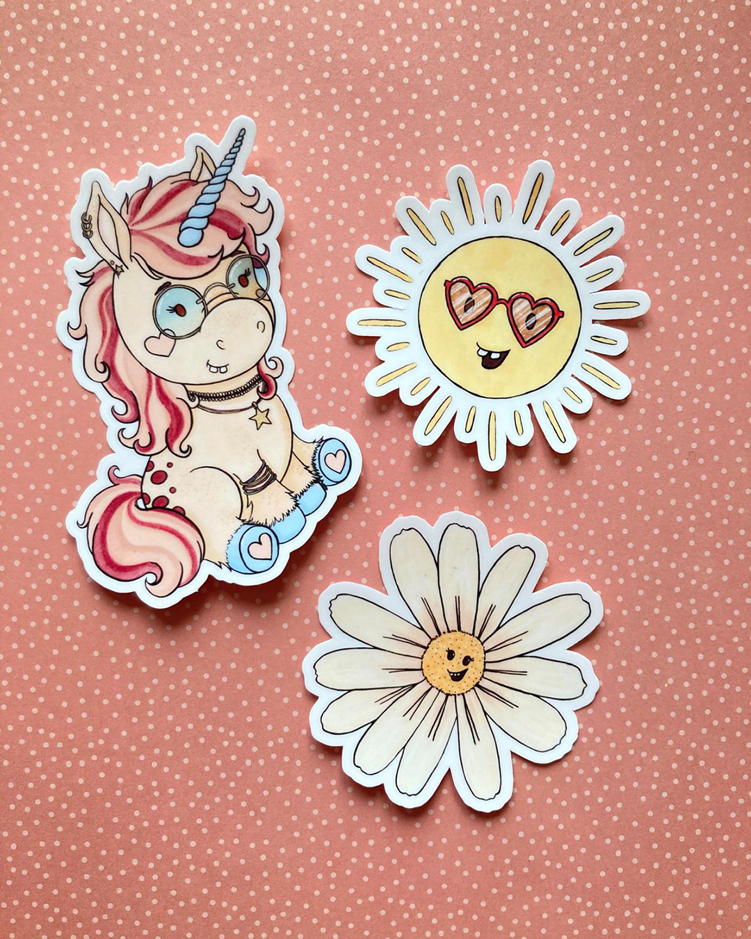 trio de stickers de licorne, soleil et marguerite